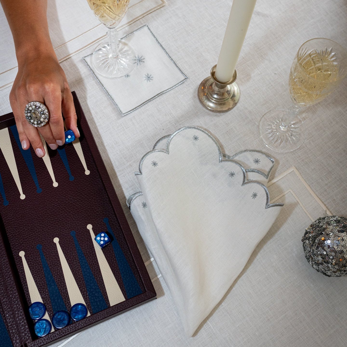 Lola Stars Napkin | White with Silver Embroidery — Set of 2