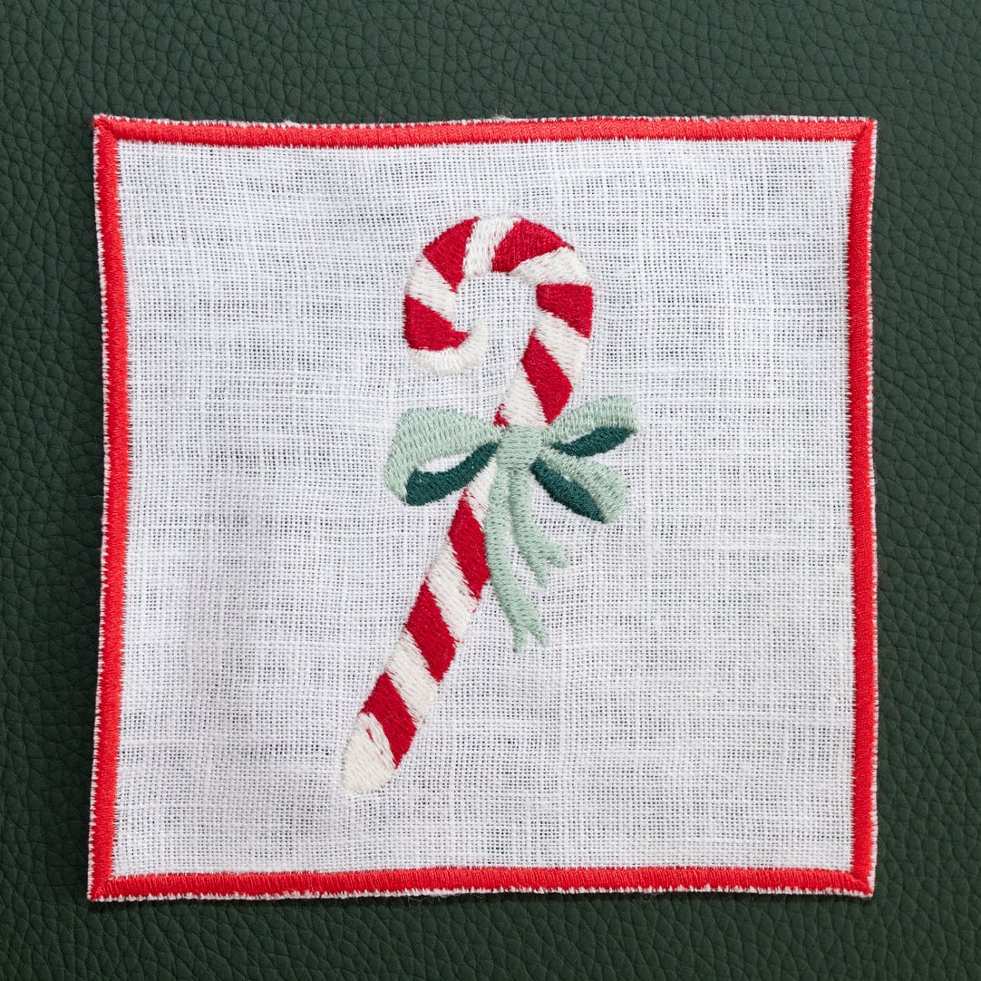 Candy Cane Cocktail Napkin | White with Red Embroidery — Single Piece