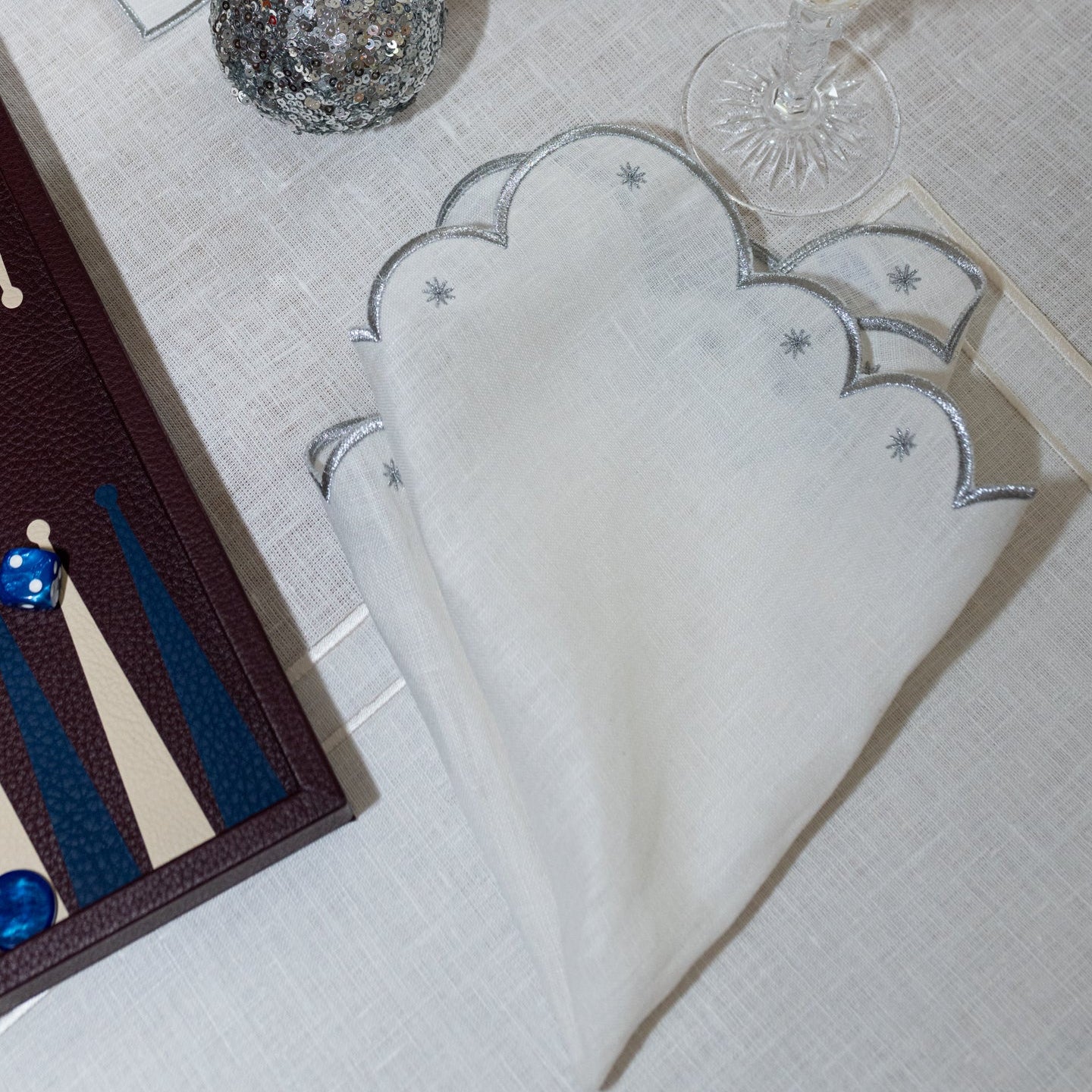 Lola Stars Napkin | White with Silver Embroidery — Set of 2