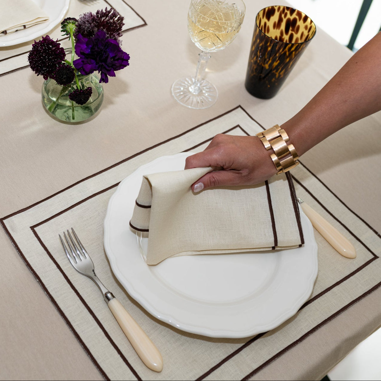 Evergreen Placemat | Beige with Brown Border — Set of 2