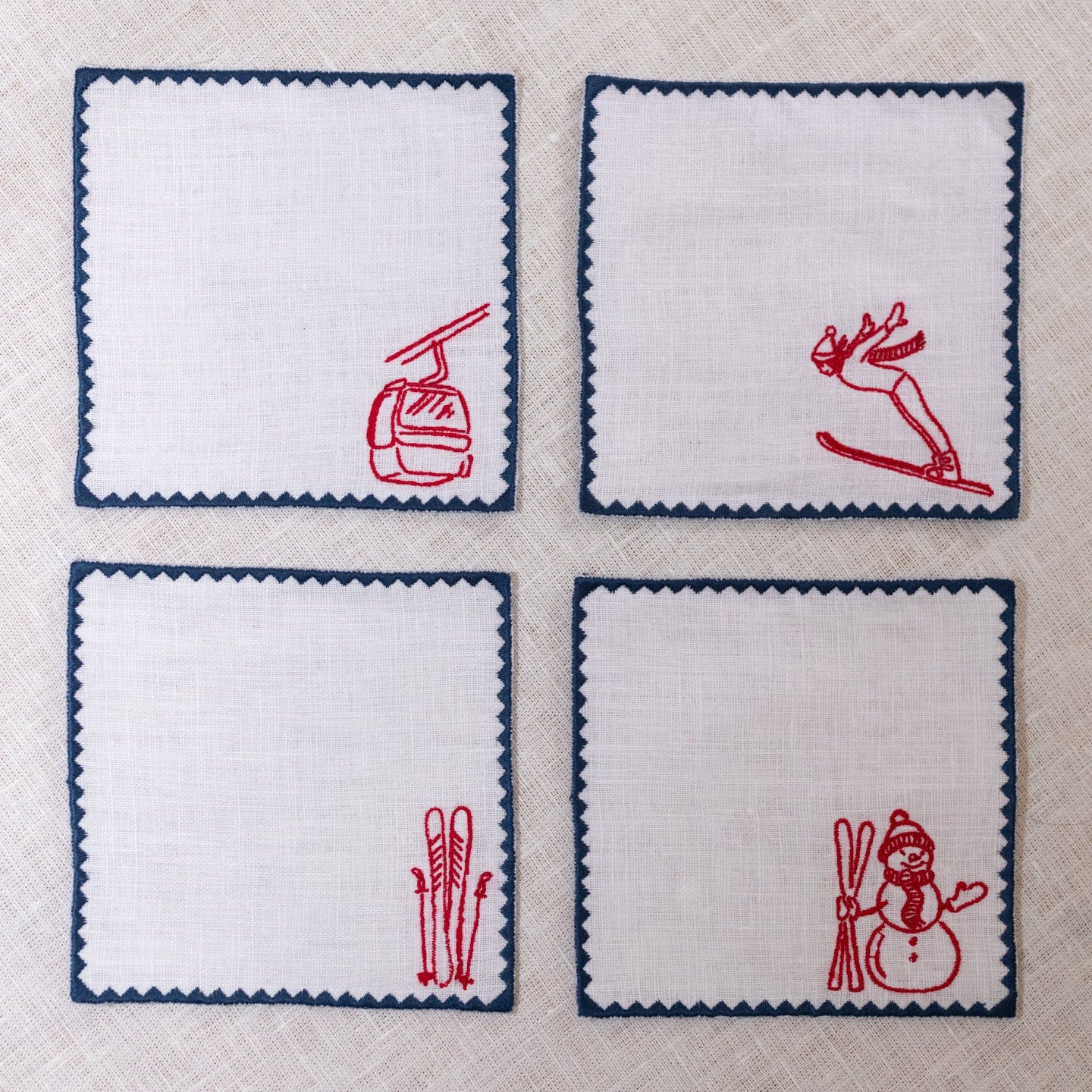 Ski Collection Cocktail Napkins | White with Midnight Blue and Red Embroidery — Set of 4