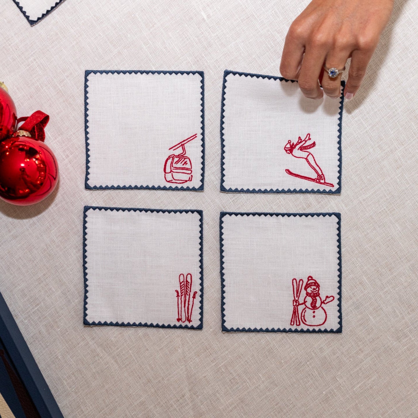 Ski Collection Cocktail Napkins | White with Midnight Blue and Red Embroidery — Set of 4