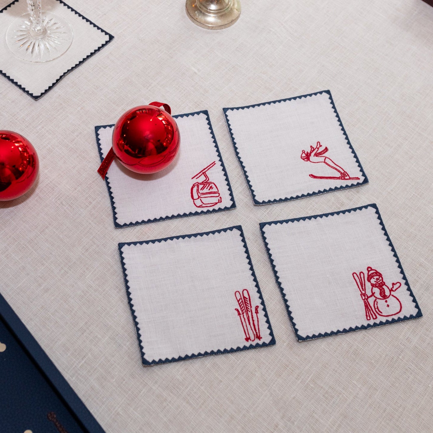 Ski Collection Cocktail Napkins | White with Midnight Blue and Red Embroidery — Set of 4