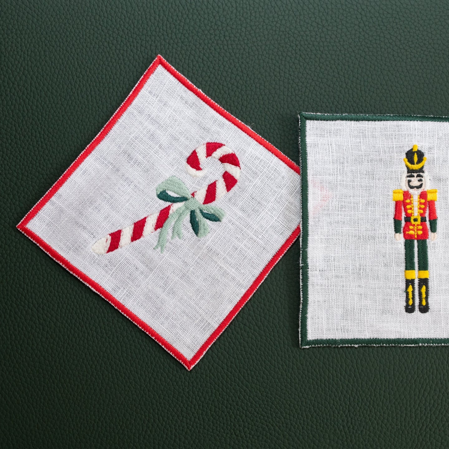 Candy Cane Cocktail Napkin | White with Red Embroidery — Single Piece